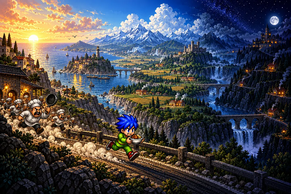 朝から夜へ変わる空の下、大陸の道を走る主人公のイメージ絵