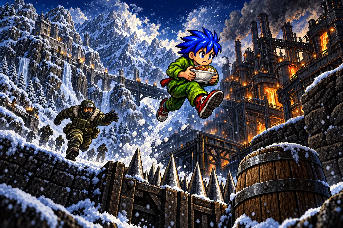 雪の山と機械の都市を背に、障害物をジャンプで飛び越える主人公のイメージ絵