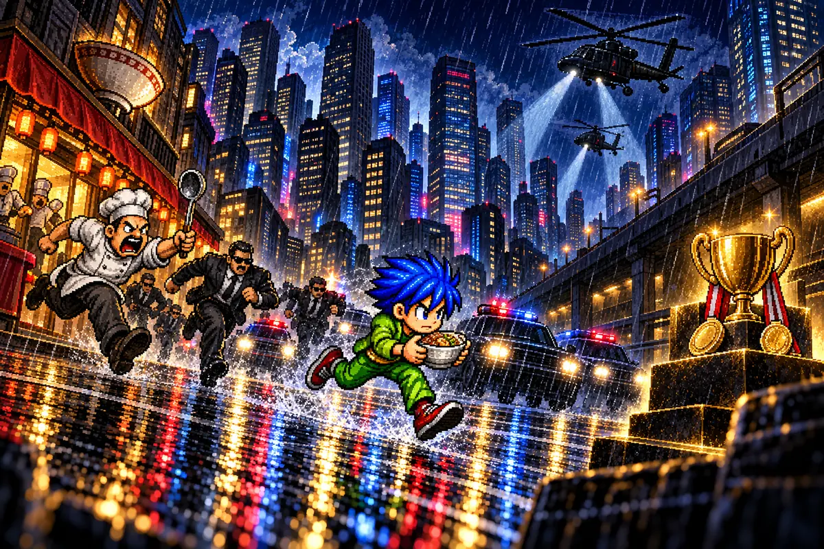 雨の夜の大都市を全力で走る主人公と、隅に置かれた金のトロフィーのイメージ絵