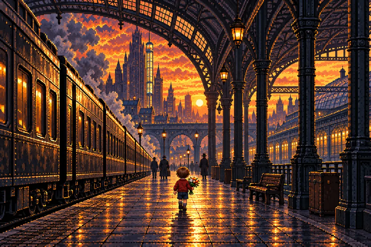 夕暮れの駅のホームを、花束を持って歩く小さな男の子の後ろ姿のイメージ絵
